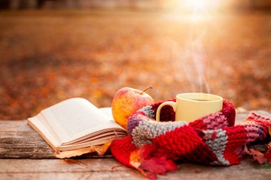 Sıcak eşarp ile elma ve sarı çay kupa ile açık kitap 