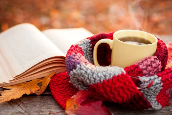 Nahaufnahme von aufgeschlagenem Buch und gelber Teetasse mit warmem Schal — Stockfoto