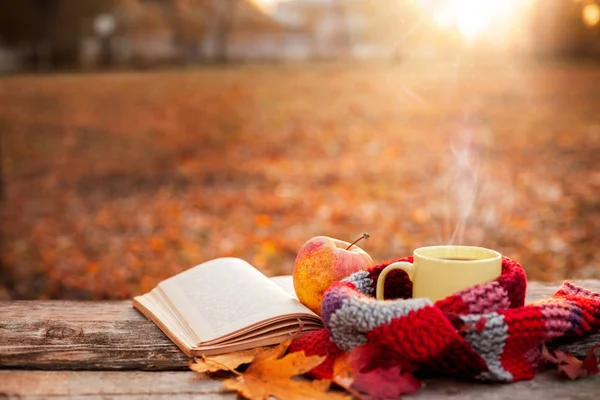Çay bardağı sıcak eşarp açık kitap ve elma ile 