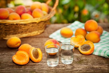 Kayısı brandy ve masanın üzerine kayısı