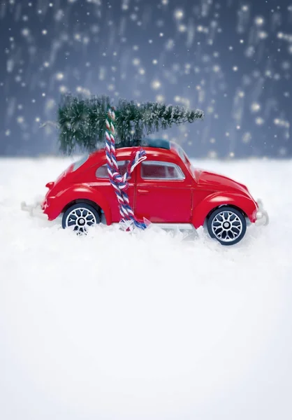 Hračka auto přepravující vánoční stromeček — Stock fotografie
