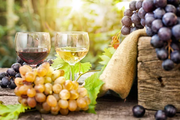 Glas Met Rode Witte Wijn Tafel Met Verse Druiven — Stockfoto