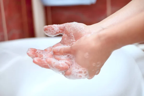 Hand hygiene. Soapy hands cleaning. — Stock Photo, Image