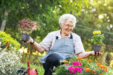 Gülümseyen büyükanne bitkilerle ilgileniyor. Çiçek bahçesindeki yaşlı kadın. 