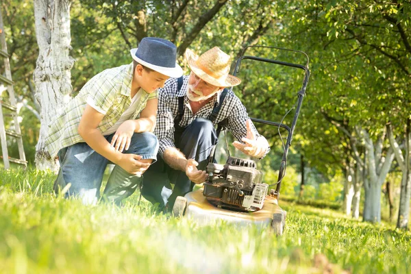 Grandfather Grandpa Teaches His Grandson Principle Mower Operation Old Young Stock Picture