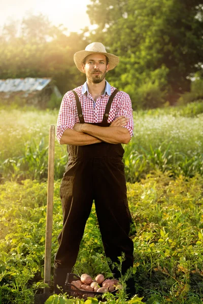 Atractivo Agricultor Con Brazos Cruzados Pie Jardín Orgulloso Agricultor Con — Foto de Stock
