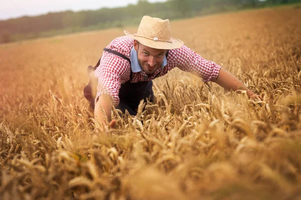 Agricultor Con Los Brazos Levantados Lleva Camisa Traje Unión Sombrero — Foto de Stock