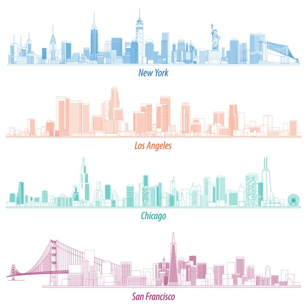 Illustrazioni astratte di Stati Uniti delinea skylines città — Vettoriale Stock