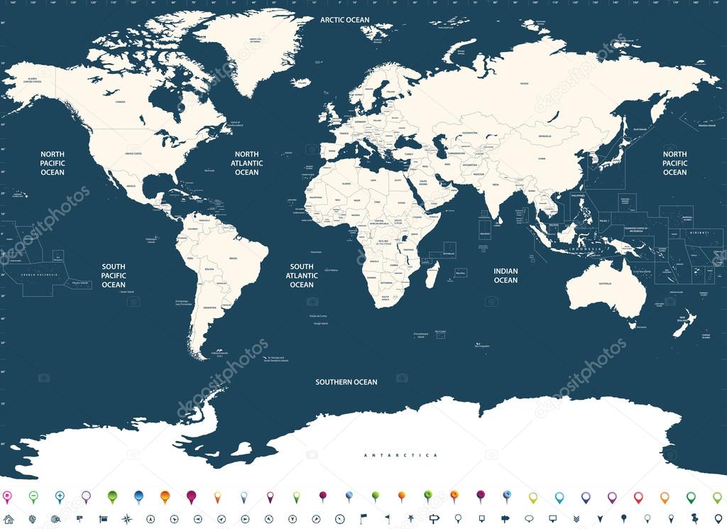 vector high detailed world political map with countries and oceans names and location\navigation icons. All layers detached and labeled. Vector