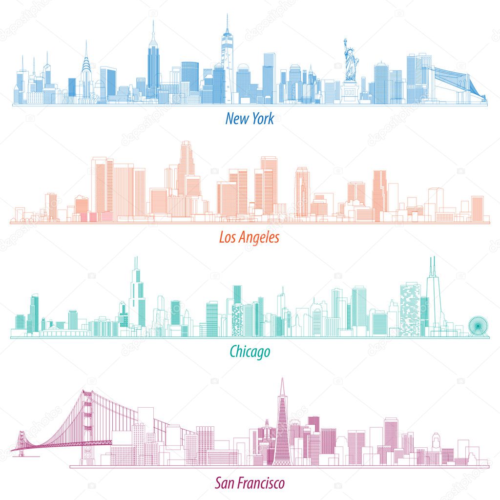 abstract illustrations of United States outlines city skylines