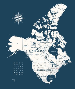 Canada, United States and Mexico vector map with states borders on dark blue background clipart