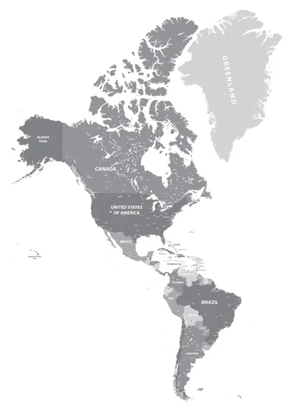 Severní a Jižní Ameriky vysoké podrobná politická mapa v šedé stupnice. — Stockový vektor