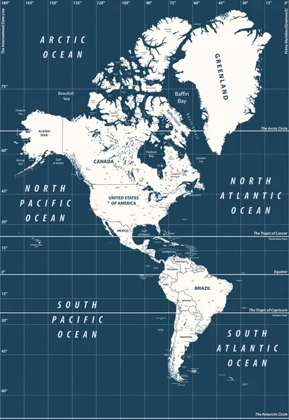 América del Sur y del Norte alto mapa político vectorial detallado — Archivo Imágenes Vectoriales