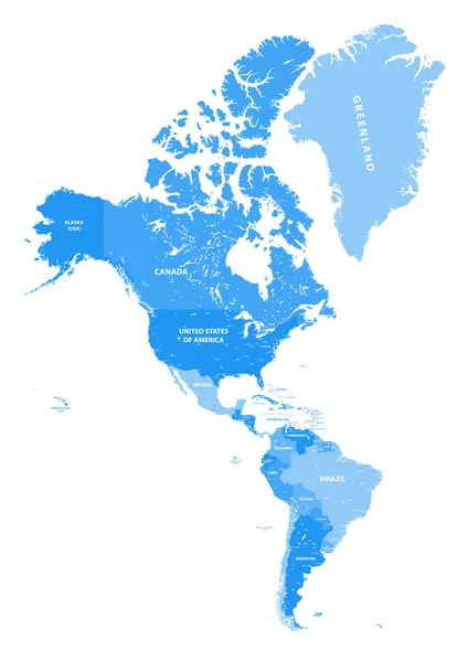 北美洲和南美洲矢量政治版图中的软蓝色色调 — 图库矢量图片