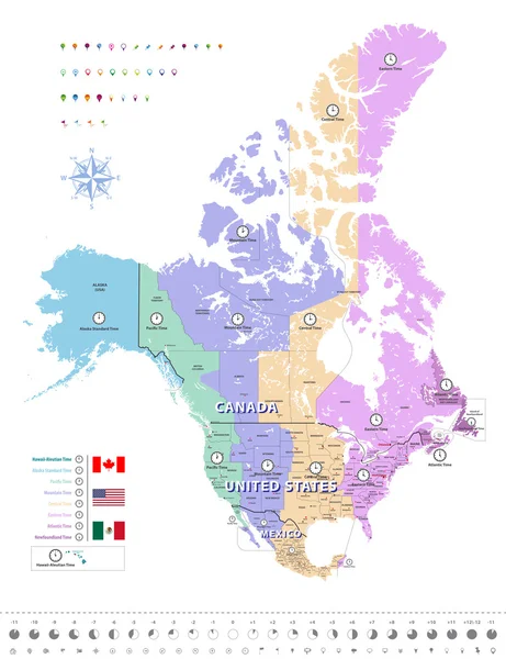 Carte des fuseaux horaires du Canada, des États-Unis et du Mexique. Tous les éléments séparés en couches détachées et étiquetées. Vecteur — Image vectorielle