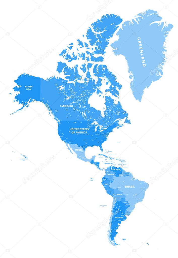 North and South America vector political map in tints of soft blue