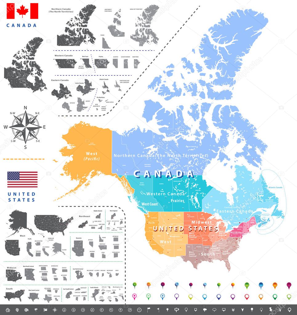 United States census bureau regions ans divisions map; Canadian regions, provinces and territories map. Flags and location\navigation icons. All layers detached and labeled. Vector