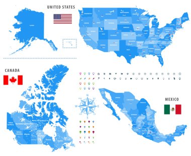 maps of Canada, United States and Mexico with flags and location\navigation icons. All layers detached and labeled. clipart