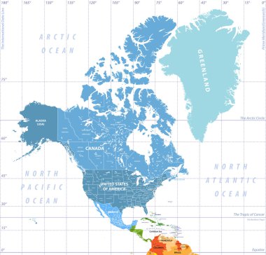 North America high detailed political map. All layers detached and labeled. clipart