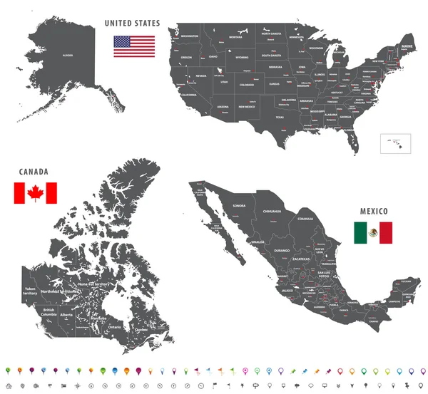 Maps of Canada, United States and Mexico with flags and location\navigation icons. All layers detached and labeled. — Stock Vector