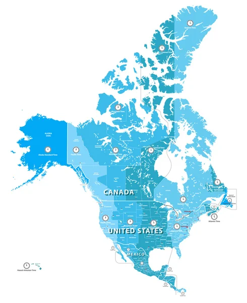 Mapa detalhado dos fusos horários na América do Norte. Todos os elementos separados em camadas separadas e rotuladas — Vetor de Stock