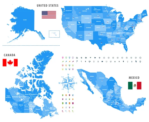 Mapas de Canadá, Estados Unidos y México con location\navigation iconos y banderas. Todas las capas separadas y etiquetadas. — Archivo Imágenes Vectoriales