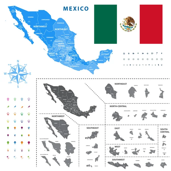 Mapa de las regiones de México representa un esquema general de las ciudades de los estados. Todas las capas separadas y etiquetadas . — Archivo Imágenes Vectoriales