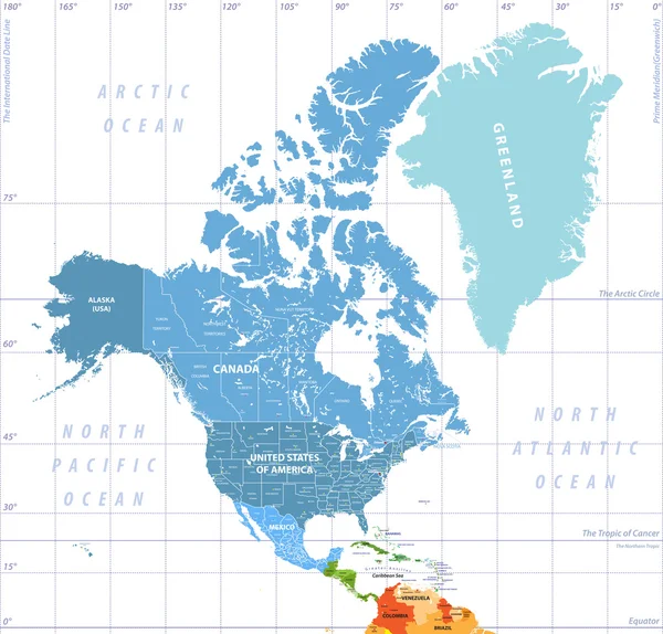 Βόρεια Αμερική υψηλής λεπτομερείς πολιτικό χάρτη. Όλα τα στρώματα Μονοκατοικία και την ένδειξη. — Διανυσματικό Αρχείο