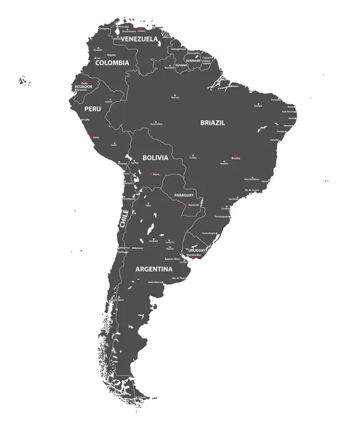 Vetorial mapa detalhado da América do Sul. Todas as camadas destacadas e rotuladas . — Vetor de Stock