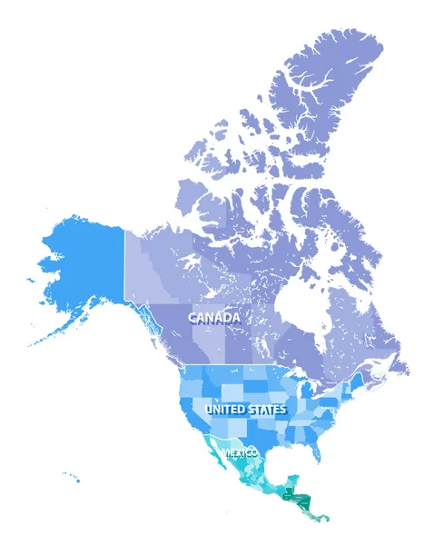 América del Norte alto mapa vectorial detallado con los estados fronterizos de Canadá, EE.UU. y México. Todos los elementos separados en capas separadas — Vector de stock