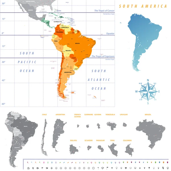 De kaart van Zuid-Amerika met de kaart van elk land afzonderlijk geïsoleerd op een witte achtergrond. Alle lagen vrijstaand en gelabeld. Vector — Stockvector