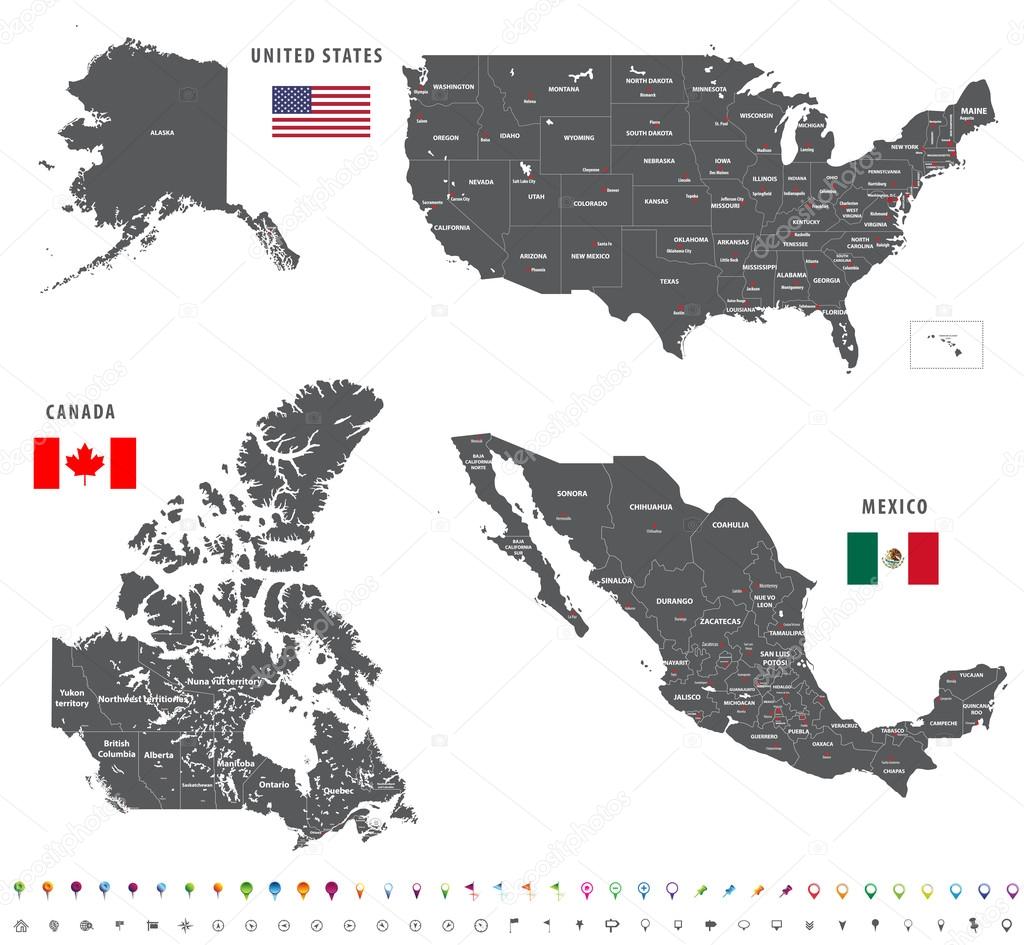 maps of Canada, United States and Mexico with flags and location\navigation icons. All layers detached and labeled.