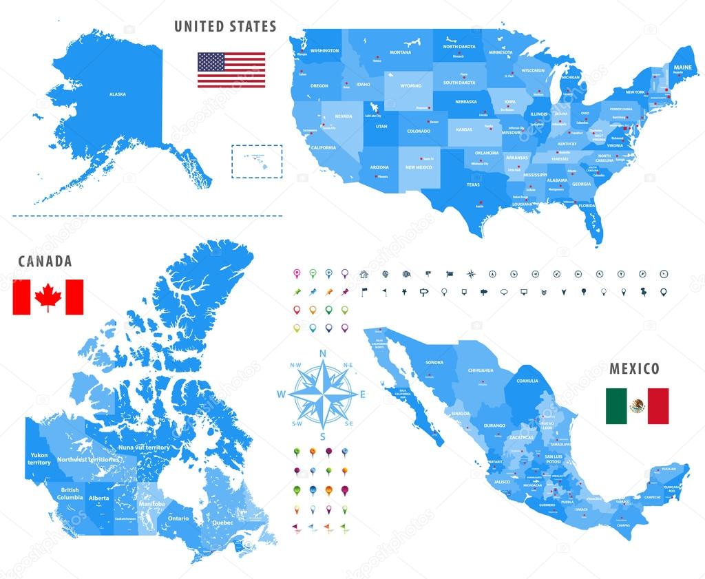 maps of Canada, United States and Mexico with flags and location\navigation icons. All layers detached and labeled.