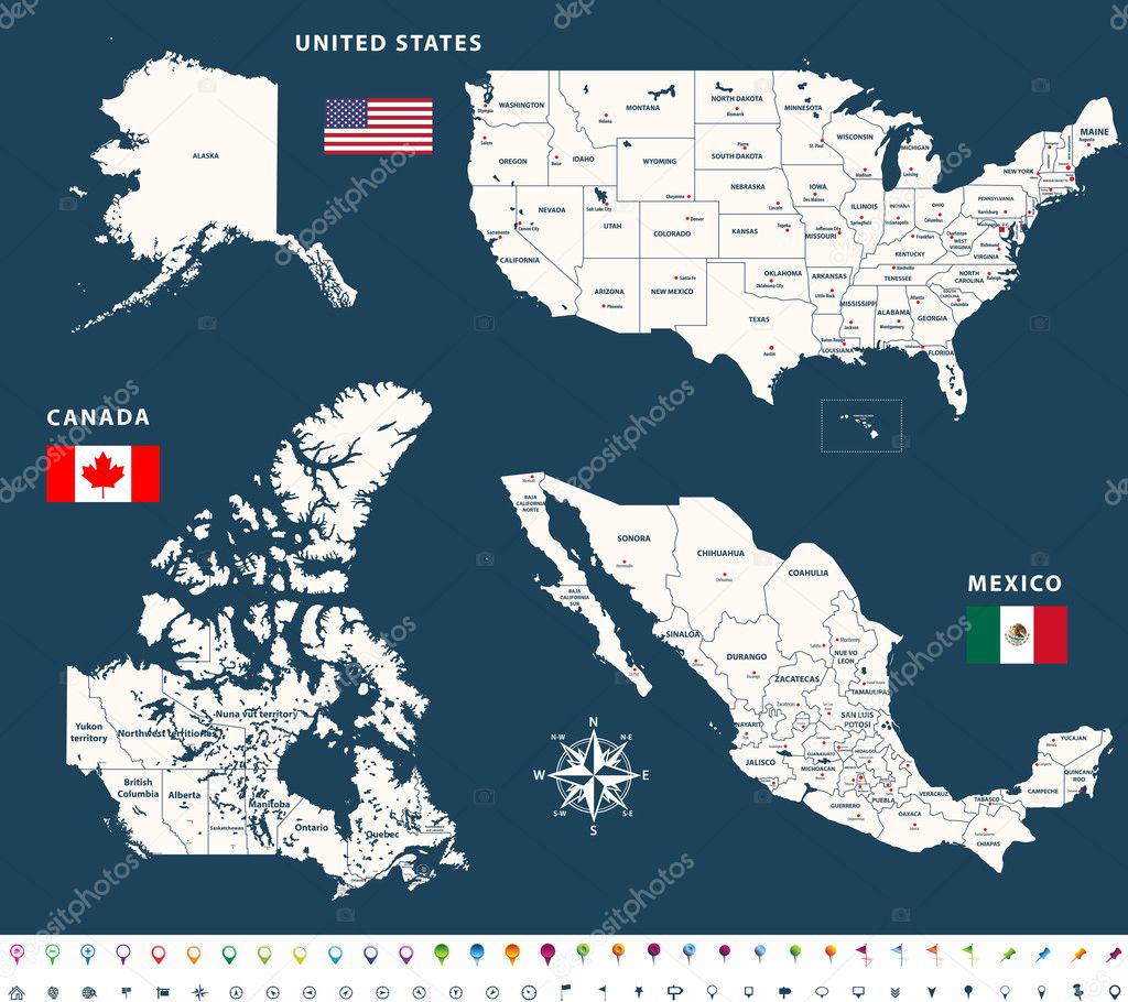 maps of Canada, United States and Mexico with flags and location\navigation icons. 