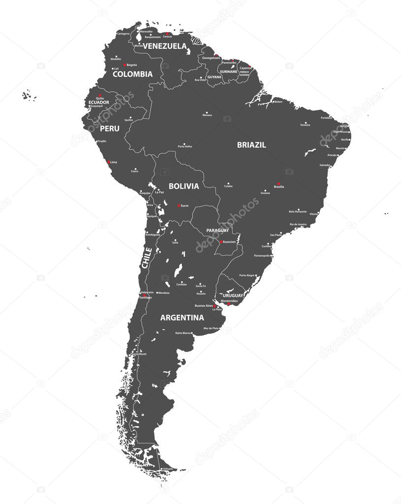 vector high detailed map of South America. All layers detached and labeled.
