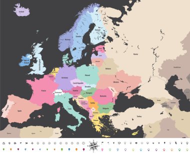 Location\navigation simgeleri ile Avrupa yüksek Detaylı vektör siyasi Haritası. 