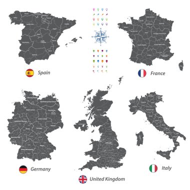 yüksek Detaylı vektör haritalar İngiltere, İtalya, Almanya, Fransa ve İspanya ile üst düzey idari birimleri. 