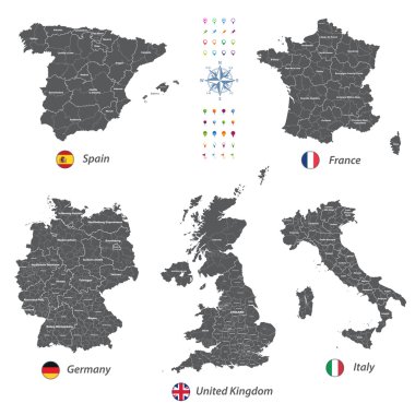 high detailed vector maps of United Kingdom, Italy, Germany, France and Spain with administrative divisions. 