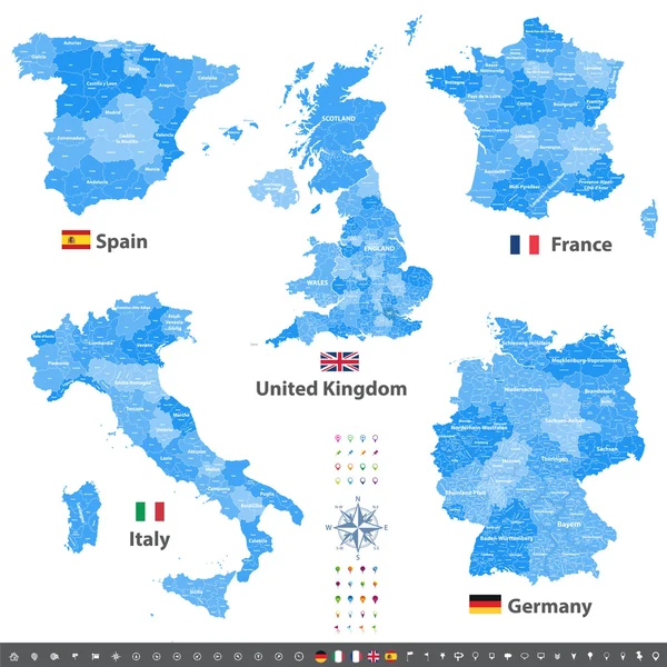 Mapas vetoriais do Reino Unido, Itália, Alemanha, França e Espanha com divisões administrativas. Todas as camadas destacáveis e rotuladas . —  Vetores de Stock