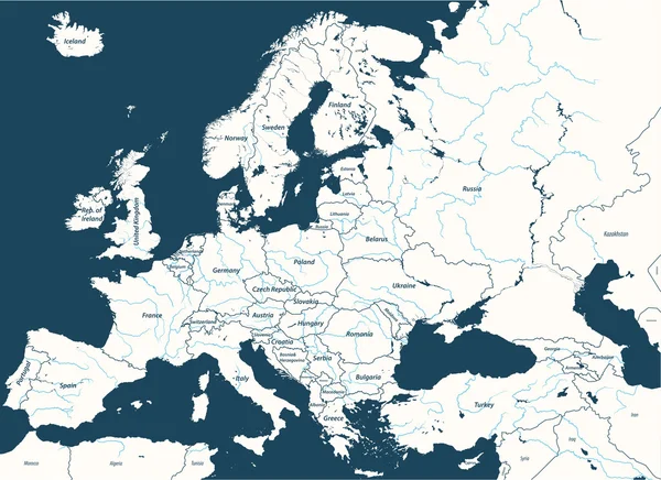 Evropa vysoce detailní vektorová politická mapa s řekami. — Stockový vektor