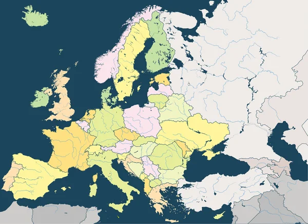 Europe high detailed political map with main rivers. — ストックベクタ