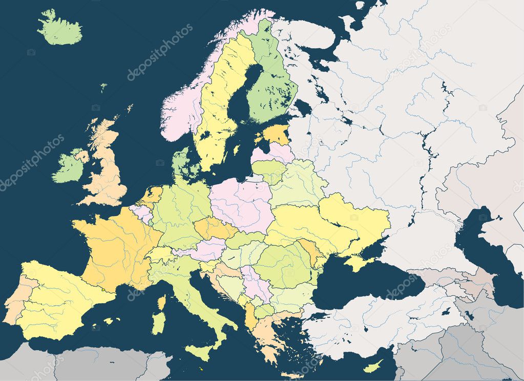 Europe high detailed political map with main rivers.