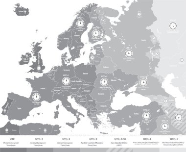 Europe time zones map in grey scales with location and clock icons. All layers detachable and labeled.Vector clipart