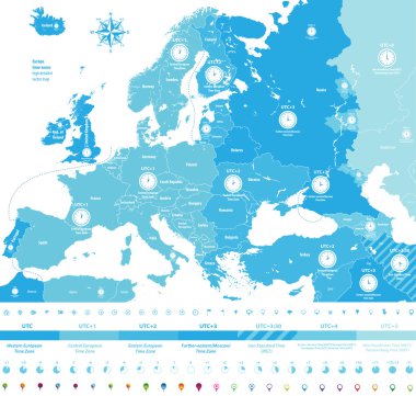 Europe time zones high detailed map with location and clock icons.  clipart