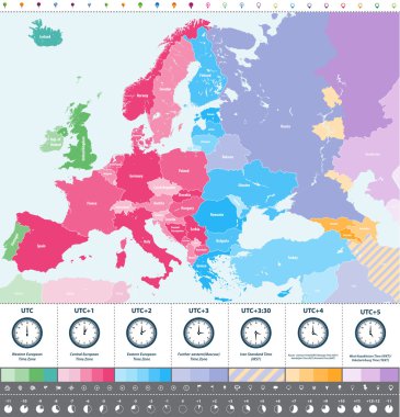 Avrupa zaman dilimleri yüksek Detaylı harita yeri ve saati simgeler ile. 