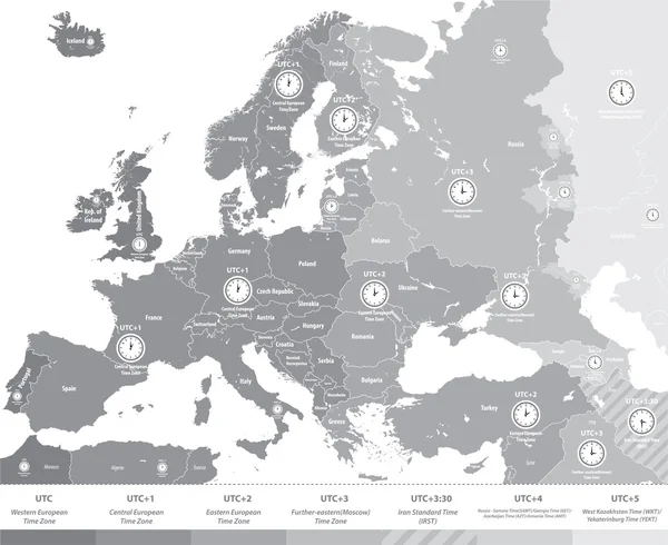 Las zonas horarias de Europa se mapean en escalas grises con iconos de ubicación y reloj. Todas las capas desmontables y etiquetadas.Vector — Archivo Imágenes Vectoriales