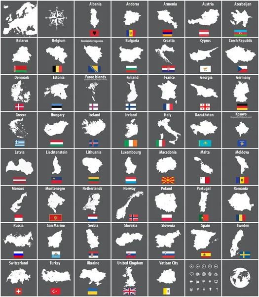 Tutte le mappe dei paesi europei con le bandiere — Vettoriale Stock