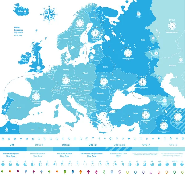 Europa zonas horarias alto mapa detallado con la ubicación y los iconos del reloj . — Vector de stock