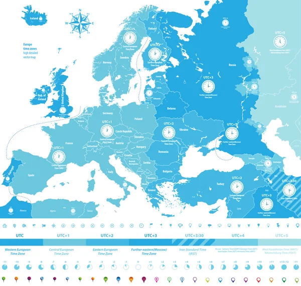 Europe fuseaux horaires carte détaillée avec des icônes de localisation et d'horloge . — Image vectorielle