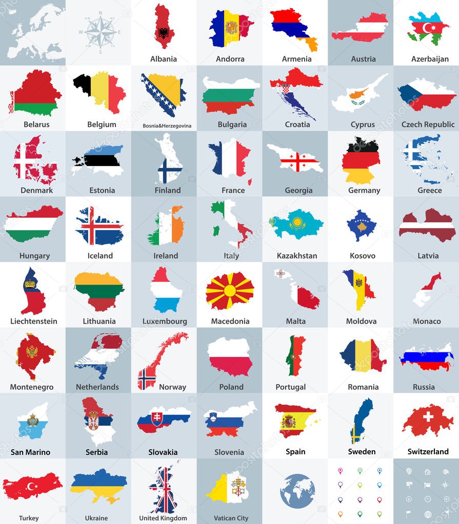 all Europe countries maps mixed with flags